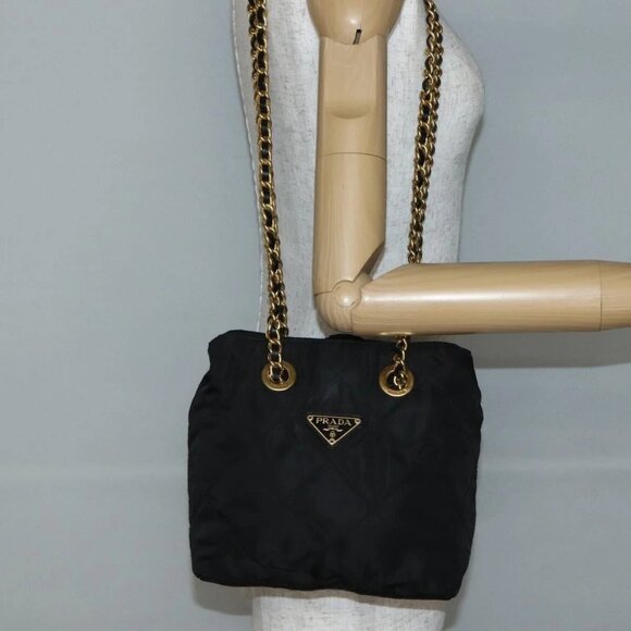 PRADA Chain Shoulder Bag Nylon Black Gold Auth 142072 - Picture 1 of 16